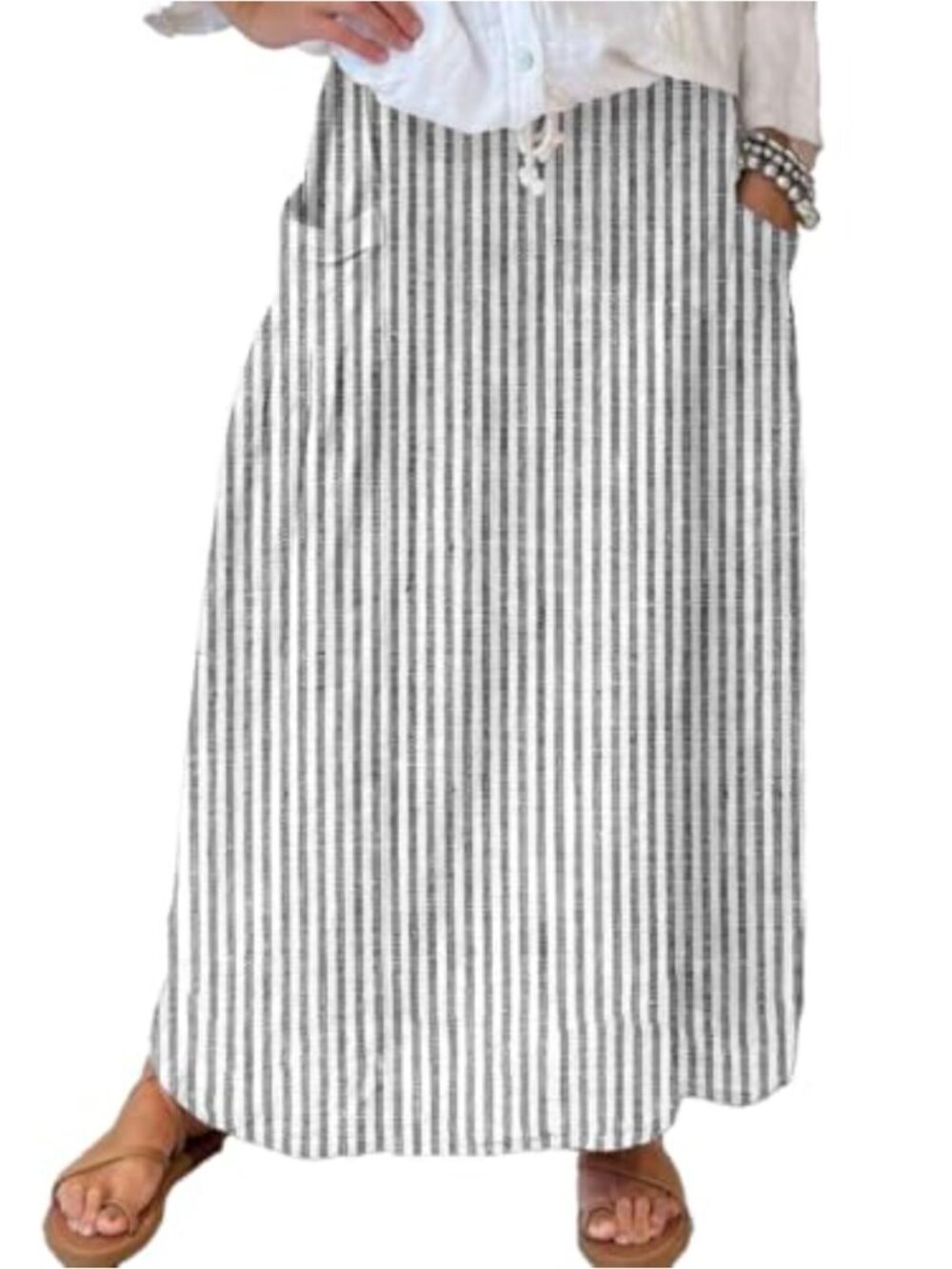 A-Line Maxi Skirt High Waist Cotton Linen Long Flowy with Pockets